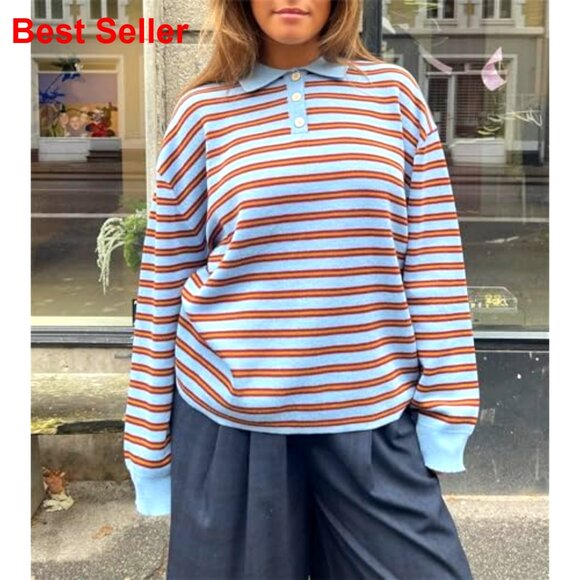 Striped Rugby Polo Knit Sweatshirt Long Sleeve Button Collar Preppy Pullover - Picture 2 of 3